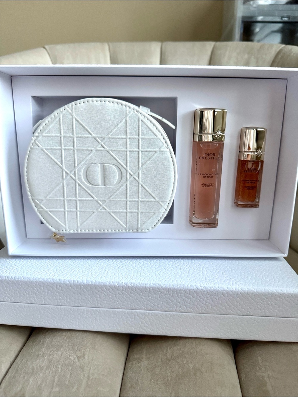 Dior Prestige La Micro Lotion and De Rose Serum with White Quilted Vanity Pouch